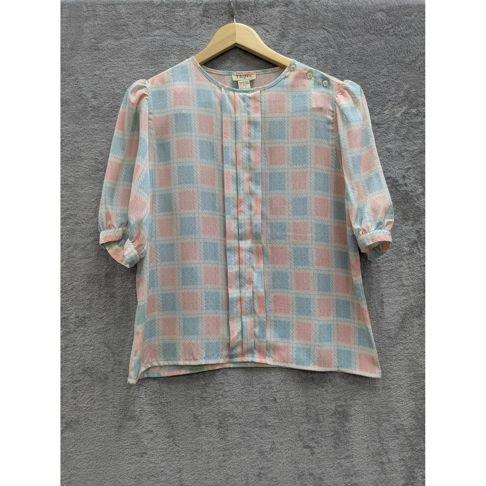 Vintage Pastel Plaid Blouse Units Womens 14 Short Sleeve Shoulder Button Top